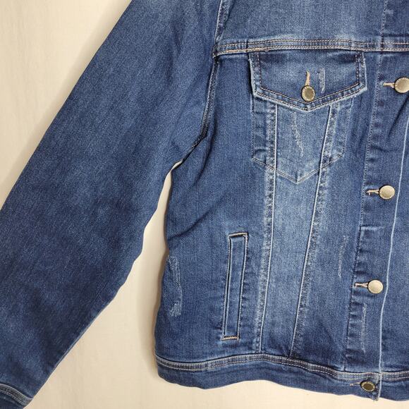 Risen Dark Blue Distressed Button Up Denim Trucker Jacket NEW Size 1X - Picture 3 of 4